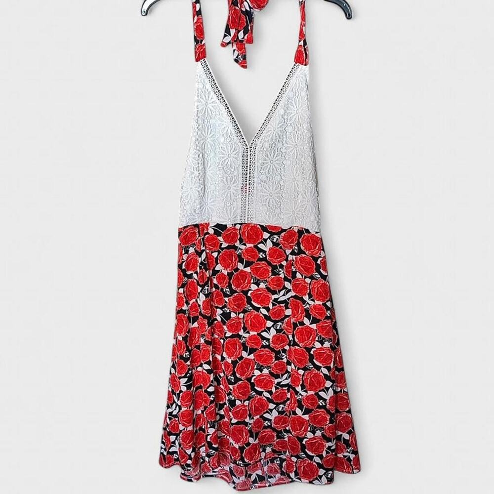 Be You Tiful Red Rose White Knit Crochet Colorblock Halter Dress - Size M